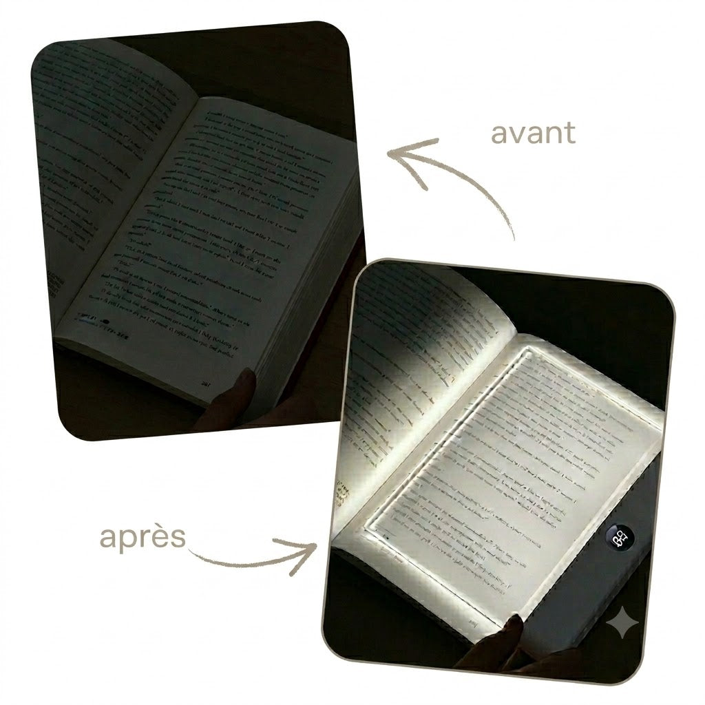 Avant / après : la page éclairée par la lampe de lecture Velyndo, le reste de la chambre dans le noir